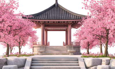 3D Japanese pagoda with pink cherry blossom on white background
