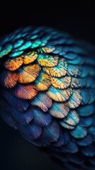 A close-up of iridescent feathers showcasing vibrant colors and intricate patterns.