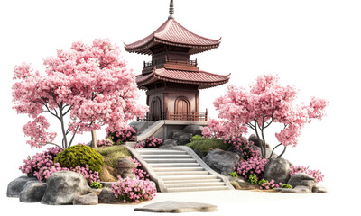 3D Japanese pagoda with pink cherry blossom on white background 