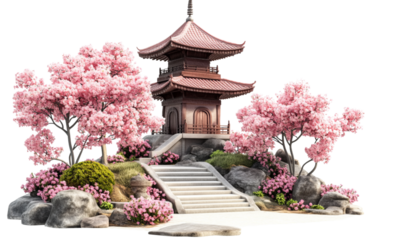 3D Japanese pagoda with pink cherry blossom on white background
