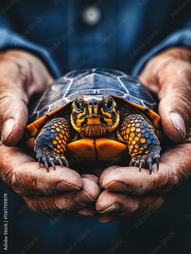 Poster a person gently holds a colorful turtle, showcasing its vibrant shell and intricate patterns.