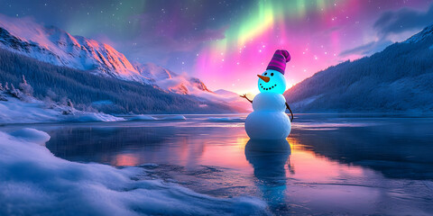 Snowman on Frozen Lake, Aurora Borealis in Winter, Snowy Mountains and Northern Lights, Vibrant Winter Scene, Winter Wonderland