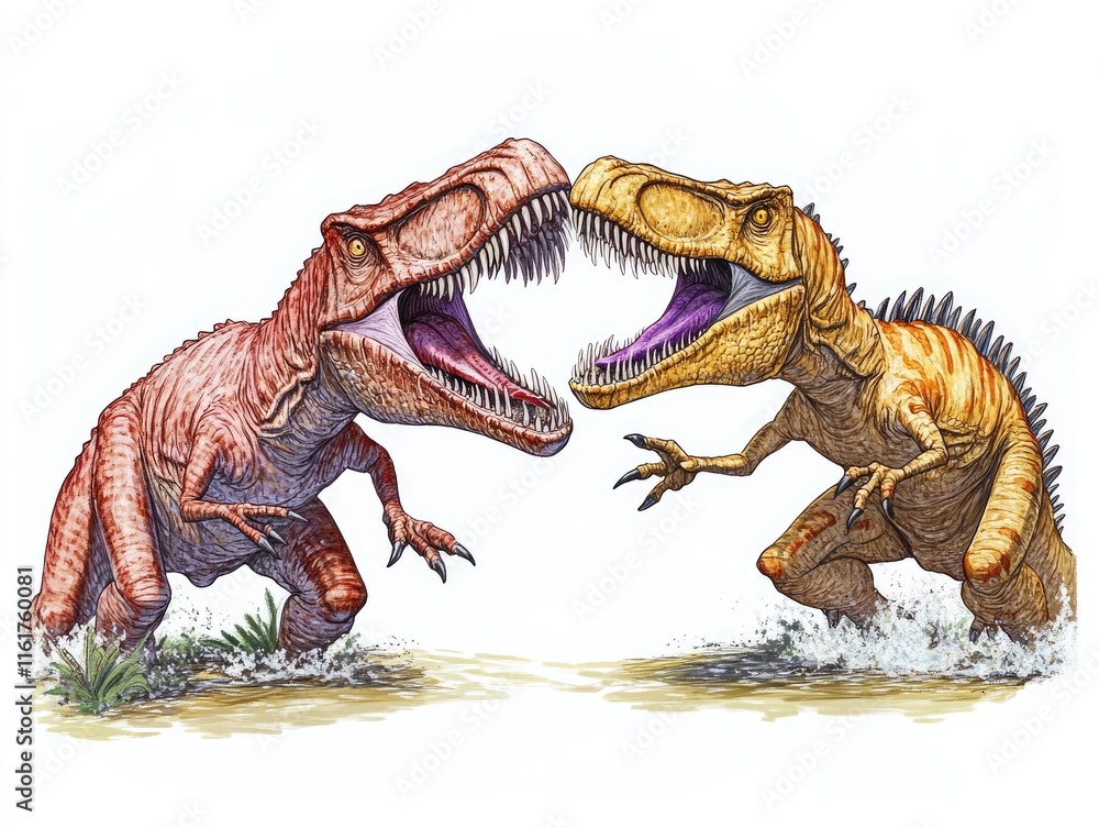 Aufkleber two colorful dinosaurs facing each other with open mouths in a dynamic pose.