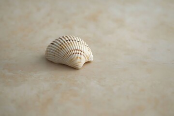 A small seashell lying on a smooth, untextured beige surface.