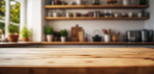 Wooden table on blurred kitchen background in Modern Contemporary kitchen room interior