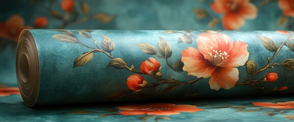 Teal Floral Wallpaper Roll Close-Up