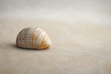 A small seashell lying on a smooth, untextured beige surface.