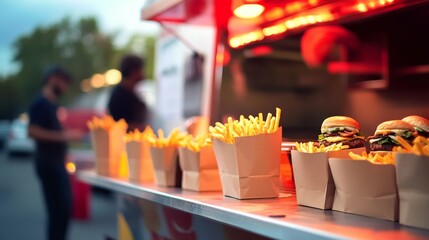 Food Truck at City Festival with Selective Focus: Vibrant Scene of Street Food Vendor Amidst Urban Celebration
