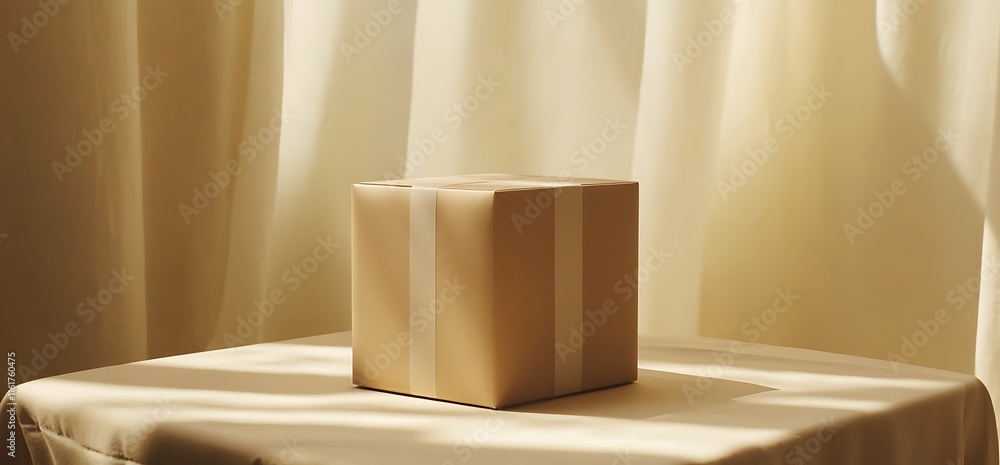 Poster a simple, wrapped box on a table with soft lighting and curtains in the background.