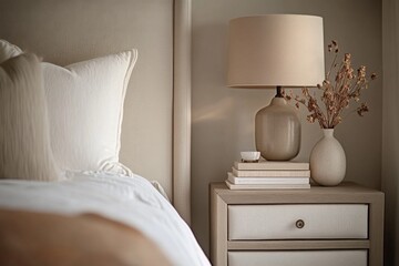 Wooden bedside nightstand with beige fabric headboard. Modern Scandinavian-French country interior design in bedroom