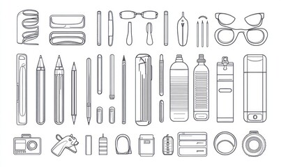 Obraz premium Line art illustration of various stationery, eyewear, and personal items.