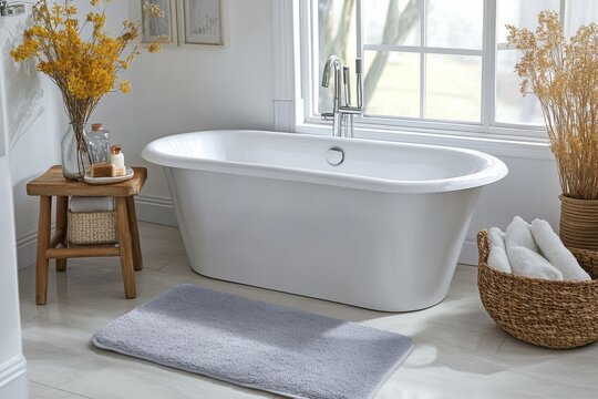 Gray textured bath mat in bathroom with soft lighting near tub