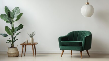 Minimalist Living Room with Green Armchair Against White Wall - 3D Rendered Interior Design Concept