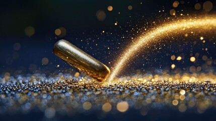 A golden capsule appears to sprinkle glittering particles, symbolizing health or wellness.