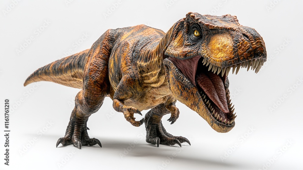 Poster a realistic 3d rendering of a tyrannosaurus rex with an open mouth.