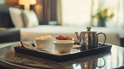 Hotel room breakfast tray with tea, coffee, berries, and marshmallows.