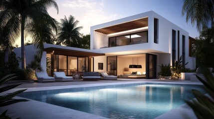 Fototapeta premium Luxurious modern villa featuring open plan living, private bedroom wing, and cozy terrace for relaxation