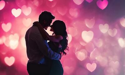 Young romantic couple hug against dark unfocused pink hearts on background. Valentines day holiday. Romantic date - Powered by Adobe