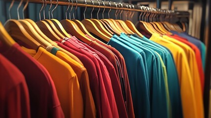Fototapeta premium Stylish clothing racks in a boutique store with colorful garments hanging ready for shopping and fashion display