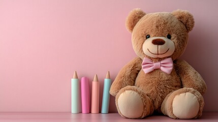 Cute teddy bear with pastel crayons against pink background.