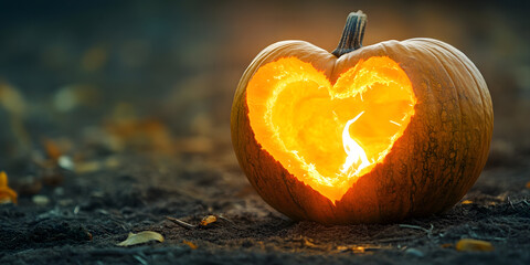 Heart Carved Pumpkin, Halloween Pumpkin Art, Glowing Heart Jack o Lantern, Fall Pumpkin Decoration, Carved Halloween Pumpkin