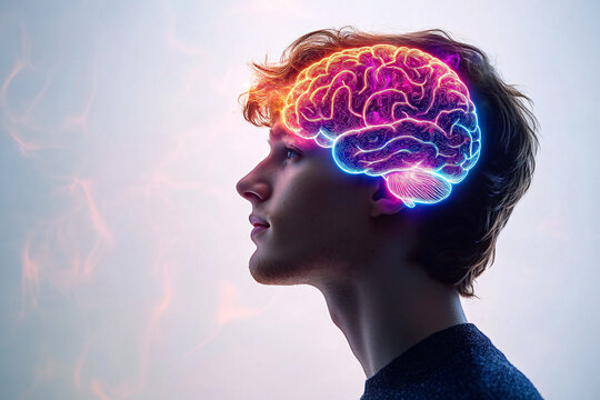 A contemplative young man with a glowing, neon-colored brain illustration, perfect for wellness campaigns, educational materials, or tech innovation events.