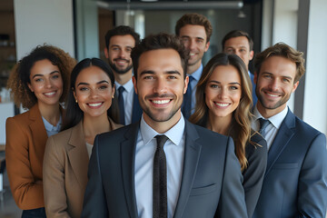 Fototapeta premium Portrait of successful group of business people at modern office looking at camera. Portrait of happy businessmen and satisfied businesswomen standing as a team. Multiethnic group of people smiling