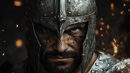 A close-up portrait of a medieval knight removing their helmet, revealing a weathered face with piercing eyes, glowing embers floating in the dim background