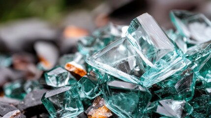 Close-up of shattered glass pieces, showcasing sharp edges and a blend of colors, reflecting light in various angles.
