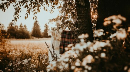 A serene landscape featuring a tree, flowers, and a colorful blanket draped on a branch.