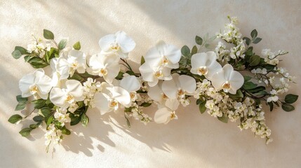 White orchids and greenery on taupe surface with warm sunlight © Fightstar