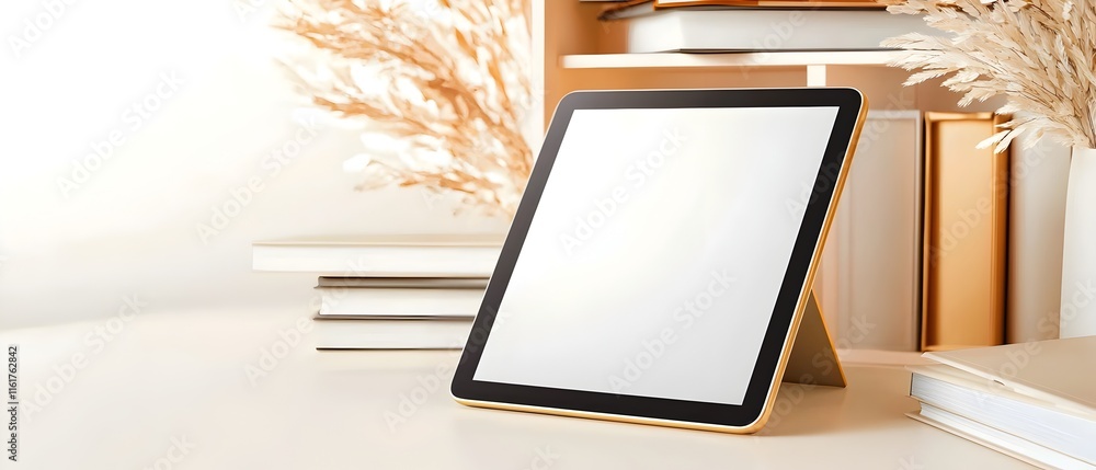 Poster a white tablet sits on a table in front of a window