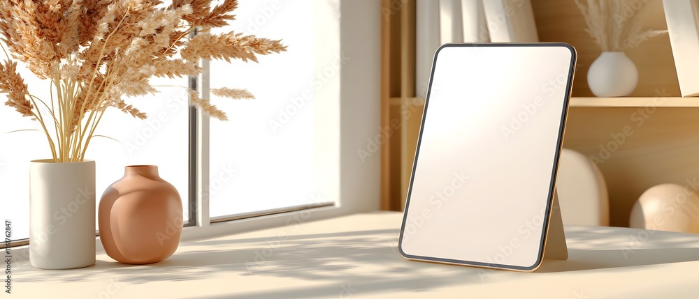 Poster a white tablet sits on a table in front of a window