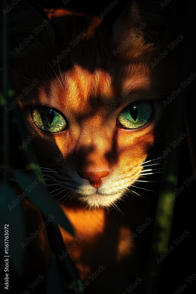 Poster a close-up of a cat's face, illuminated by light and shadow, creating a mysterious atmosphere.