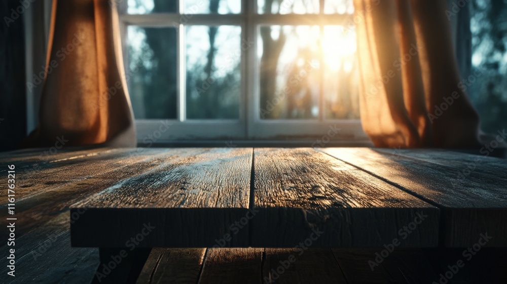 Poster a warm, sunlit scene featuring a wooden table in front of a window with curtains, creating a cozy at