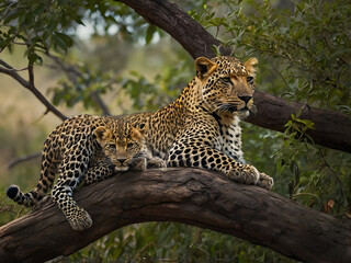 Leopard and Cub in a Tree: a leopard resting on a tree branch with her cub nearby.