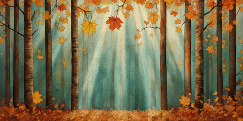 Netherlands art, A tranquil autumn scene in a Dutch forest, showcasing vibrant gold leaves and serene nature, perfect for seasonal imagery and relaxation themes.