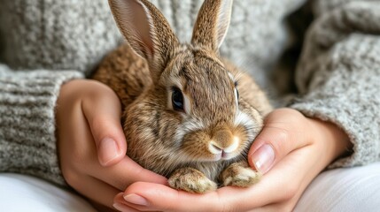 Naklejka premium A person gently holds a small rabbit in their hands, showcasing a moment of tenderness.