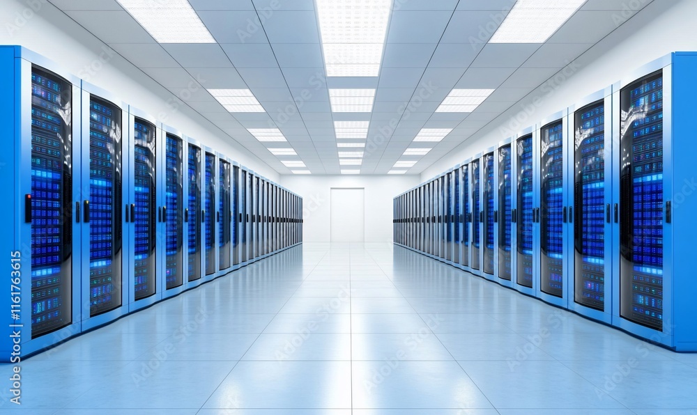 Poster a corridor of server racks in a modern data center.