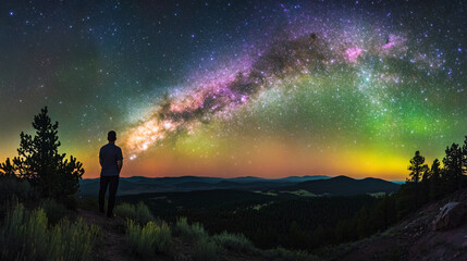 Fototapeta premium Enchanting astrophotography silhouetted man forested hillsides beneath starry skies swirling trail auroras vibrant cosmic phenomena stargazing nature celestial wallpaper space beauty glow dreamy
