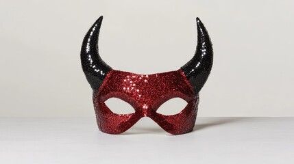 Masquerade mask of demonic dragon with horns and glitter, leading to copy space.