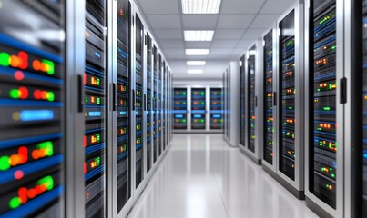 A corridor of server racks in a data center with illuminated indicators.