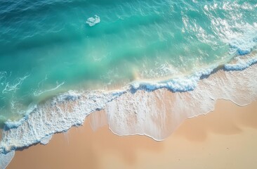 Aerial View of Turquoise Ocean Waves on Sandy Beach 