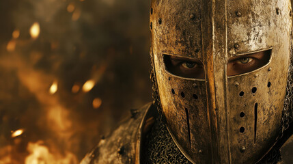 A close-up portrait of a medieval knight removing their helmet, revealing a weathered face with piercing eyes, glowing embers floating in the dim background