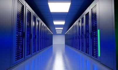 Fototapeta premium A corridor of server racks illuminated in blue light.