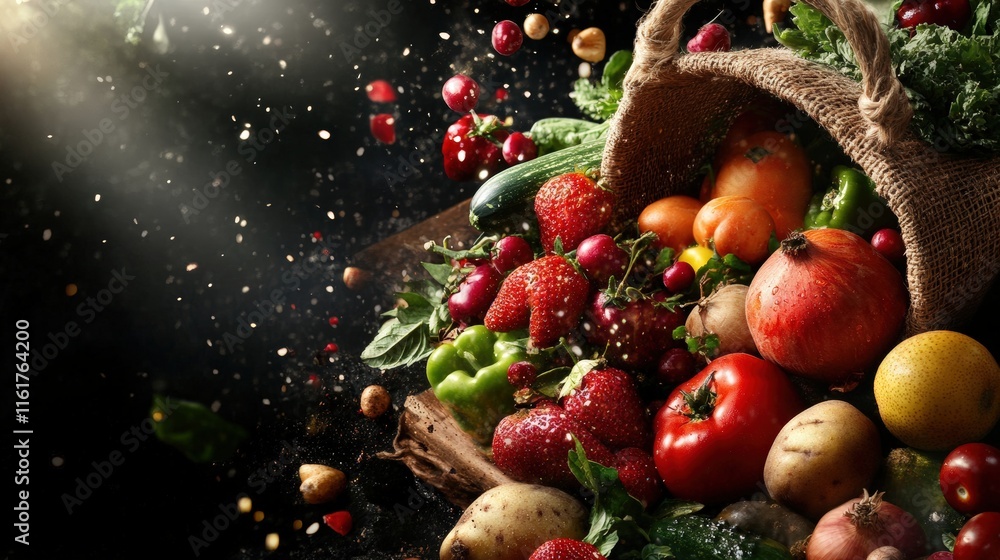 Poster a vibrant assortment of fresh fruits and vegetables spilling from a basket, illuminated by soft ligh