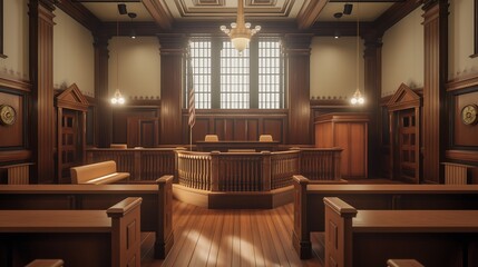 A mock courtroom for a law class, with judge's bench, witness stand, and students role-playing legal scenarios.