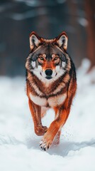 Naklejka premium A wolf running through a snowy landscape, showcasing its strength and agility.