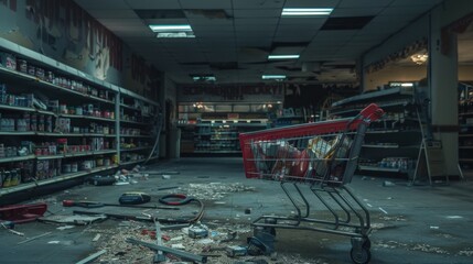 Eerie Abandoned Supermarket with Dim Lighting and Empty Aisles