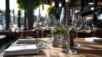 A cozy restaurant table set with elegant glassware, fresh greenery, and neatly arranged napkins, showcasing a warm dining atmosphere.
